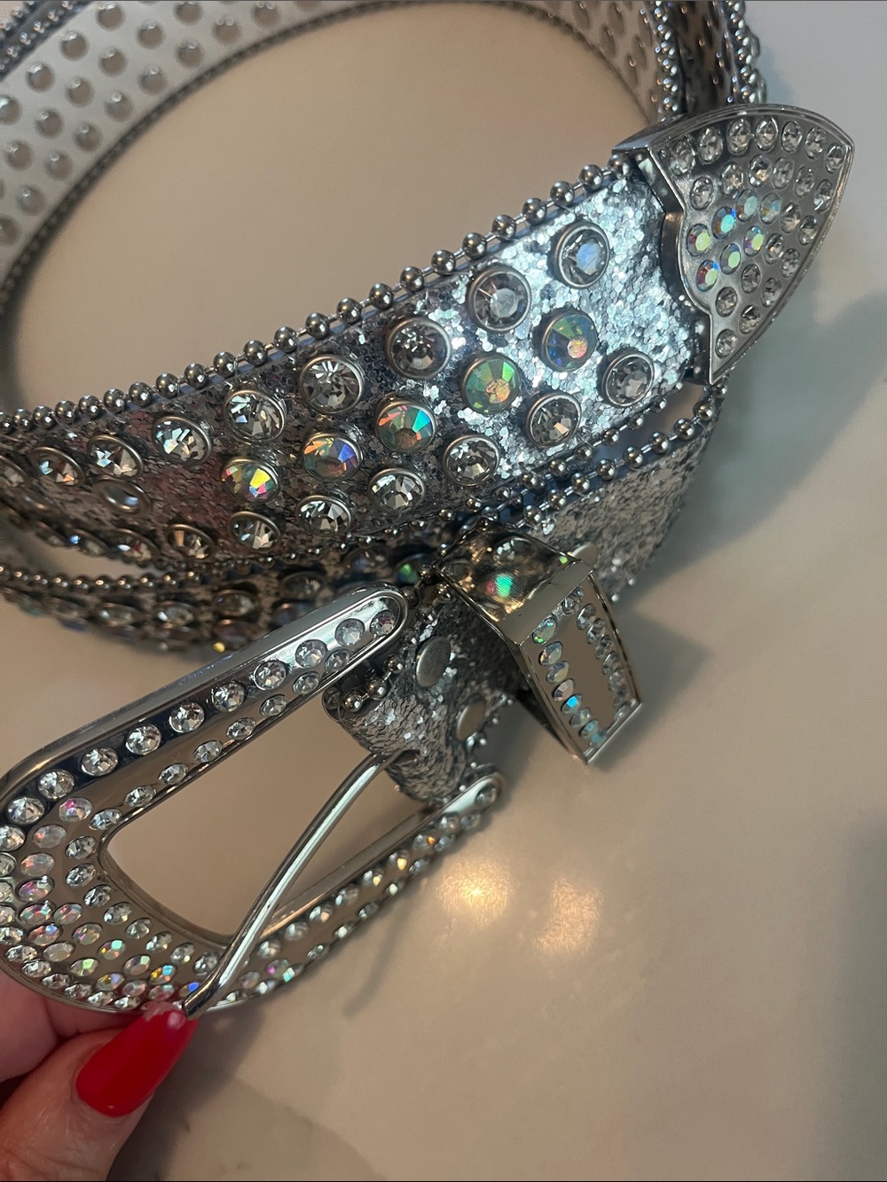 Boutique Rhinestone Embellished Belt Silver/White 53"longl, 1.5" wide, 3"buckle